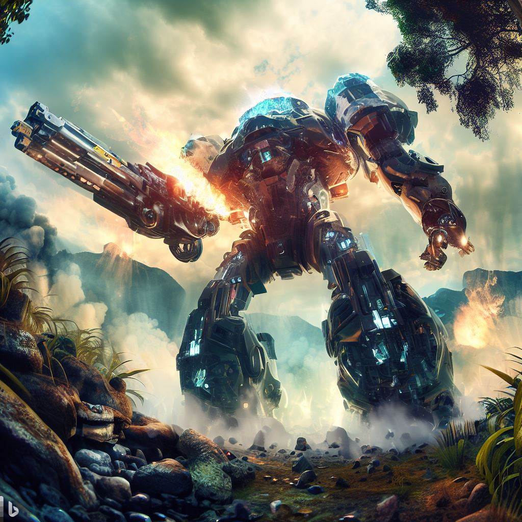 giant future mech dragon with glass body firing guns in jungle, wildlife and rocks in foreground, smoke, detailed clouds, lens flare, fish-eye lens 13.jpg